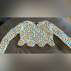 Forever 21 Crochet Granny Square Crop Sweater Boho Festival Multicolor Size S